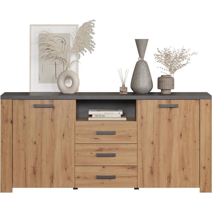 Buffet FOLLOW - Mélamine chene artisan et gris ardoise - 2 Portes + 3 Tiroirs - L180 x P40 x H83 cm - TRENDTEAM