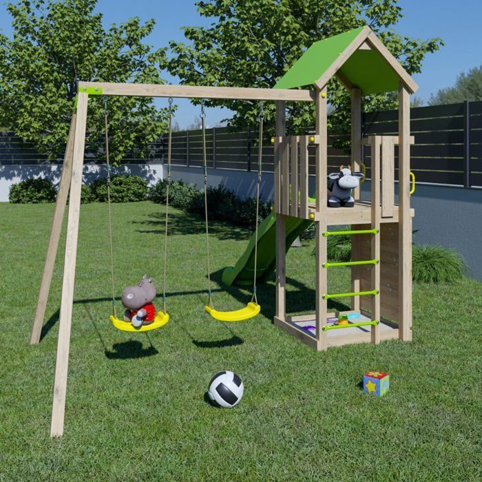 TRIGANO Aire de jeux en bois SMART XPERIENCE - 2 balancoires 1 toboggan 1 mur d'escalade - 7 enfants