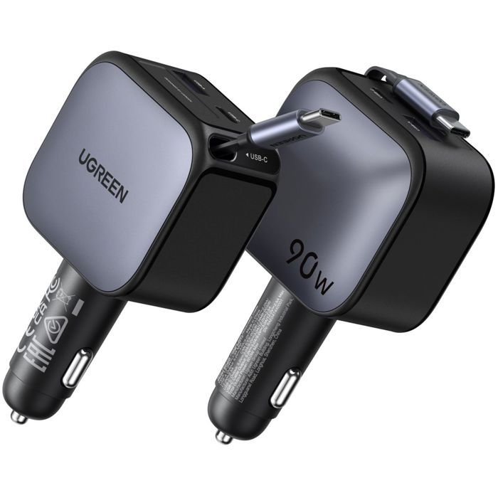 Chargeur voiture - UGREEN - 90W - USB-A et USB-C - Rétractable - Noir