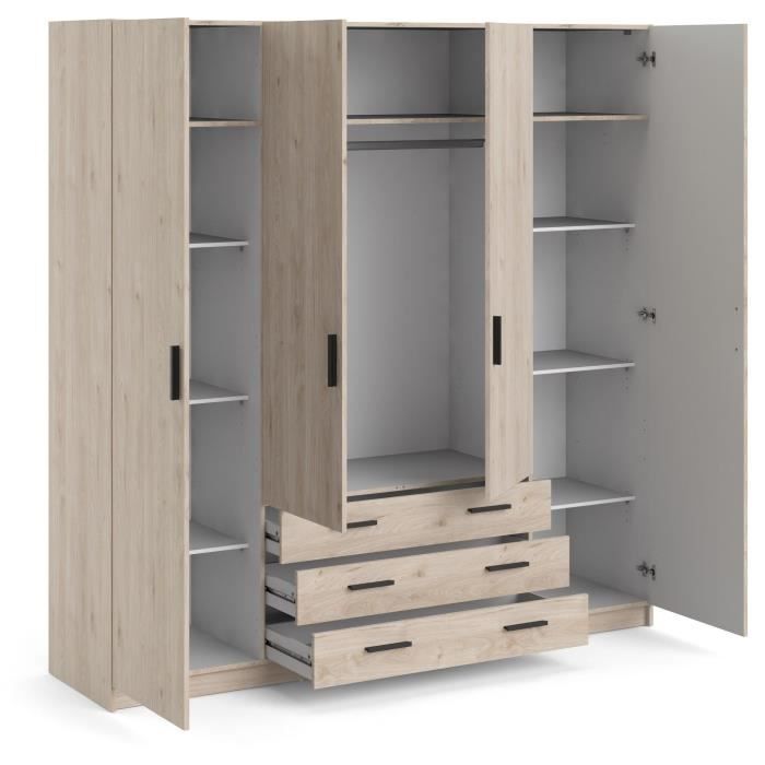 Armoire VEGA - Décor Chene Jackson - 4 portes + 3 tiroirs - L 195,5 x P 49,6 x H 200,4 cm
