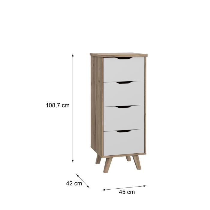 Chiffonnier VANKKA 4 Tiroirs - Décor chene et blanc - Style scandinave - L 45 x P 42 x H 108 cm