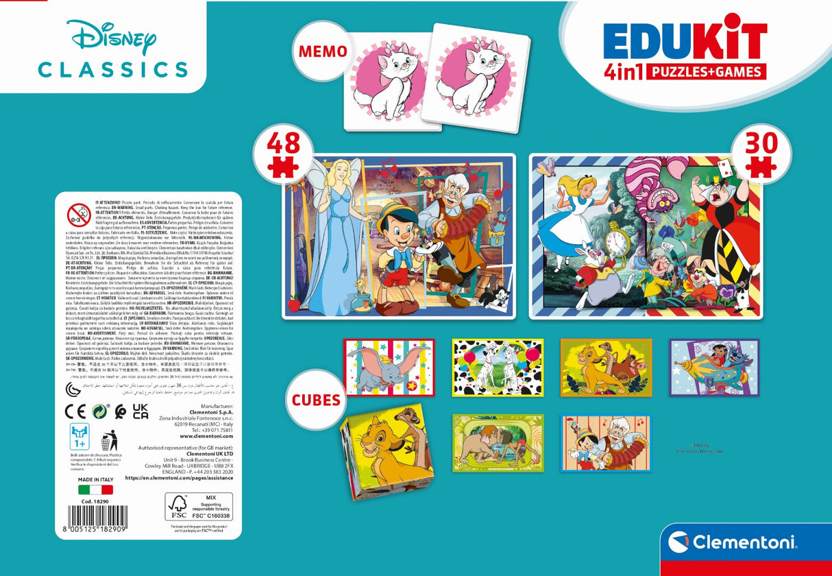 Clementoni - Edukit - Disney - Coffret apprentissage 4 en 1 - 2 puzzles, 1 mémo, 1 jeu de 6 cubes - Fabriqué en Italie - Dés 4ans