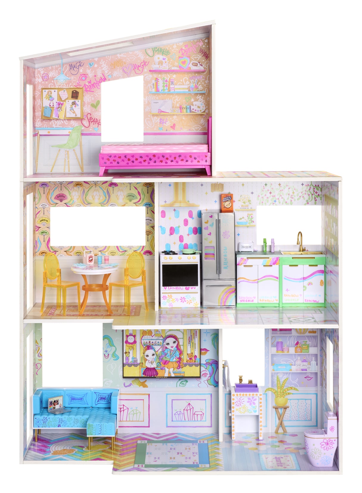 Rainbow High Color & Play House, Maison de poupée 3 étages, Colorie les murs et sols avec des marqueurs lavables, Maison en bois