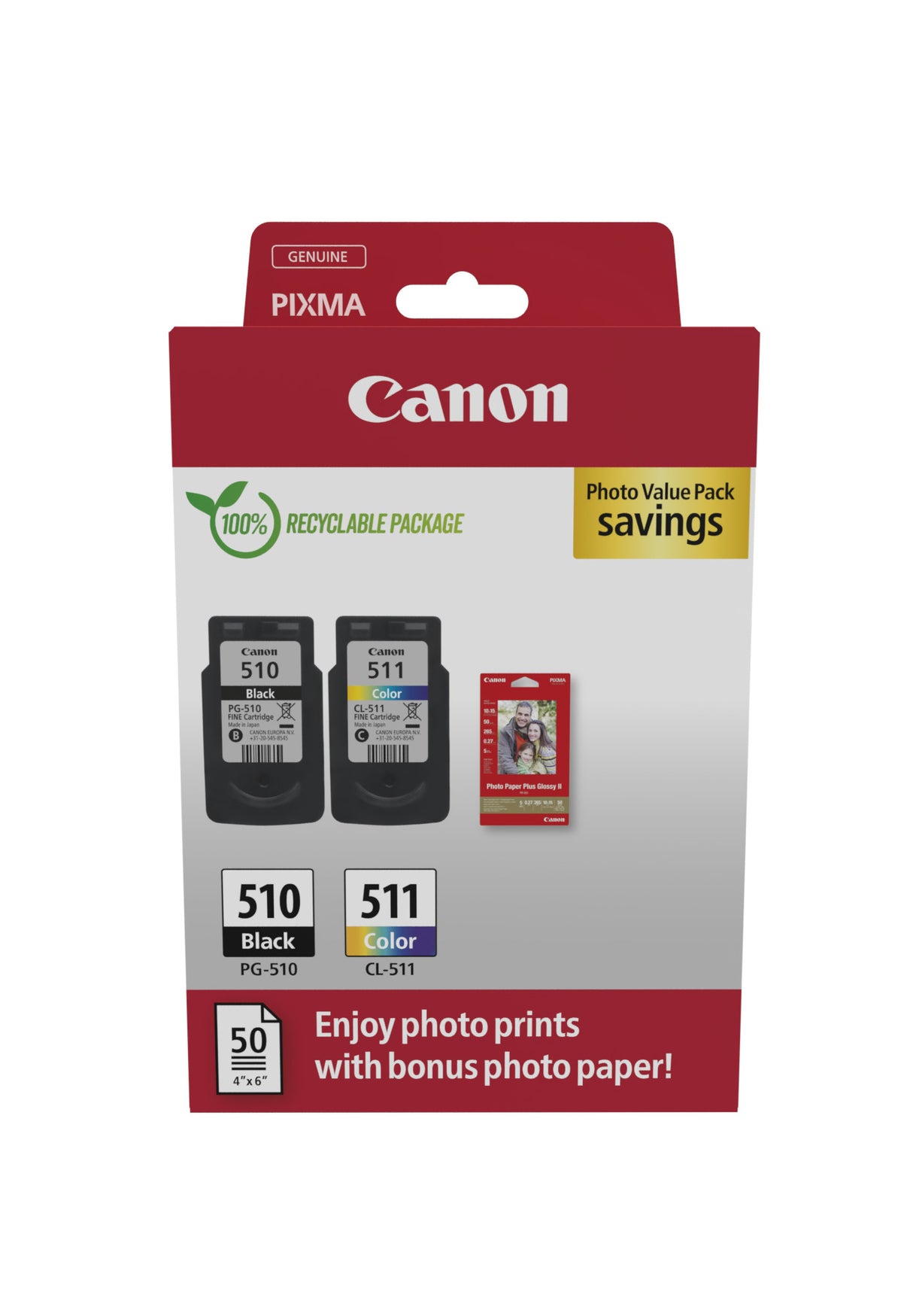 Pack 2 cartouches d'encre Canon PG-510/CL-511 (Noir + Couleurs) + 50x Papiers photo