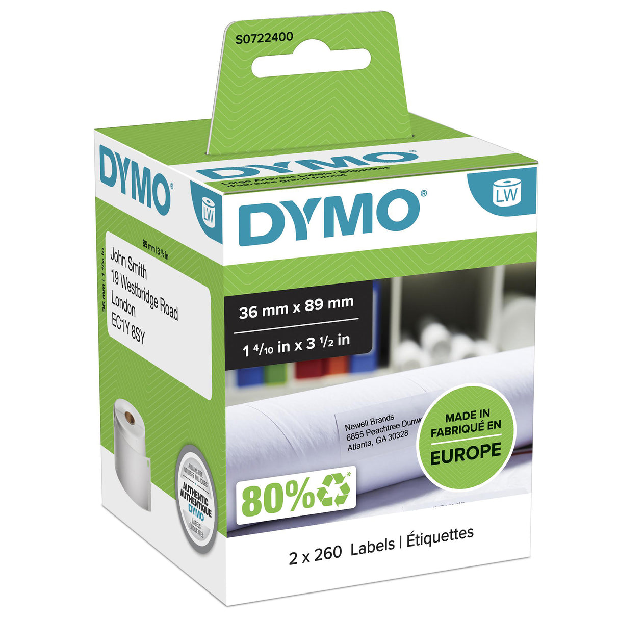 Lot de 2 Rouleaux de 260 étiquettes adhésives Dymo 99012 - 89x36mm (Blanc)