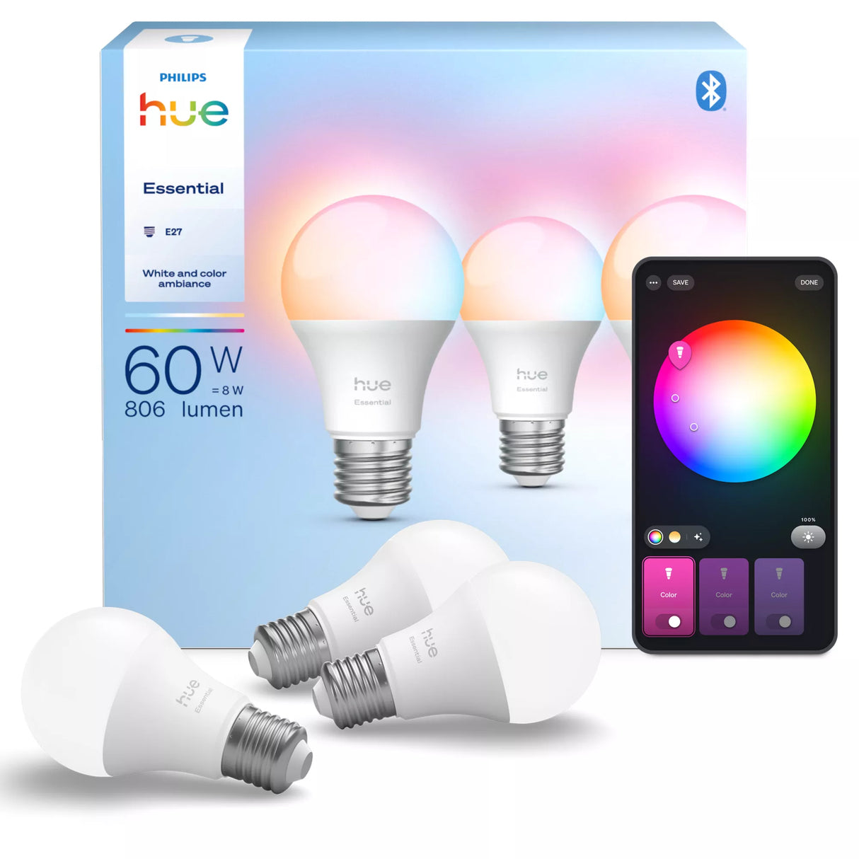 Pack de 3 ampoules - Philips Hue - Essential - E27 - A60 - Lumiere blanche et colorée - 8 W