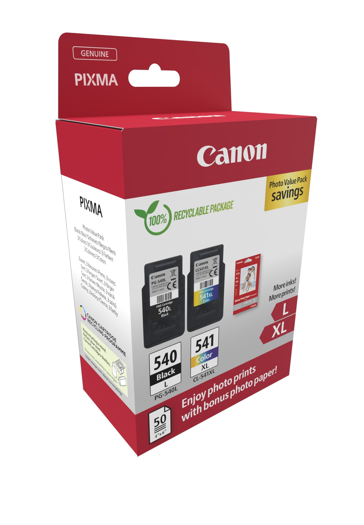 Pack 2 cartouches d'encre Canon PG-540L/CL-541XL Photo Value Pack (Noir/Couleurs) + 50x Papiers photo