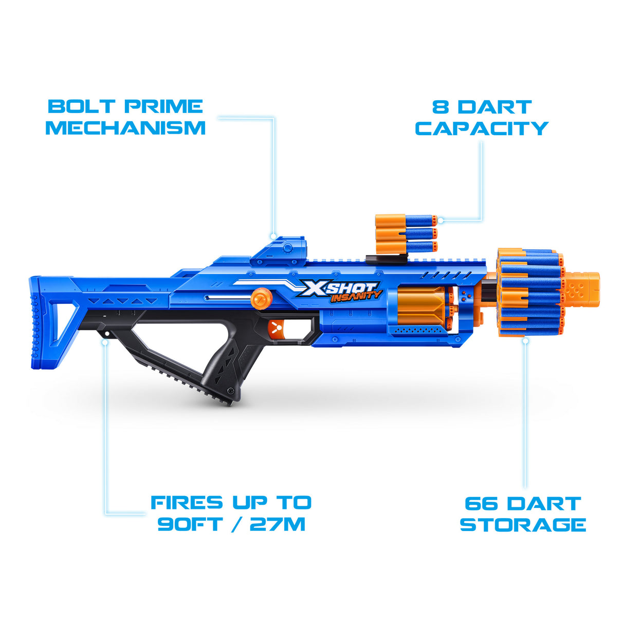 Blaster a Tir Rapide - ZURU - XSHOT Insanity Berzerko - Blaster a canon rotatif avec 8 fléchettes et tir rapide jusqu'a 27 metres