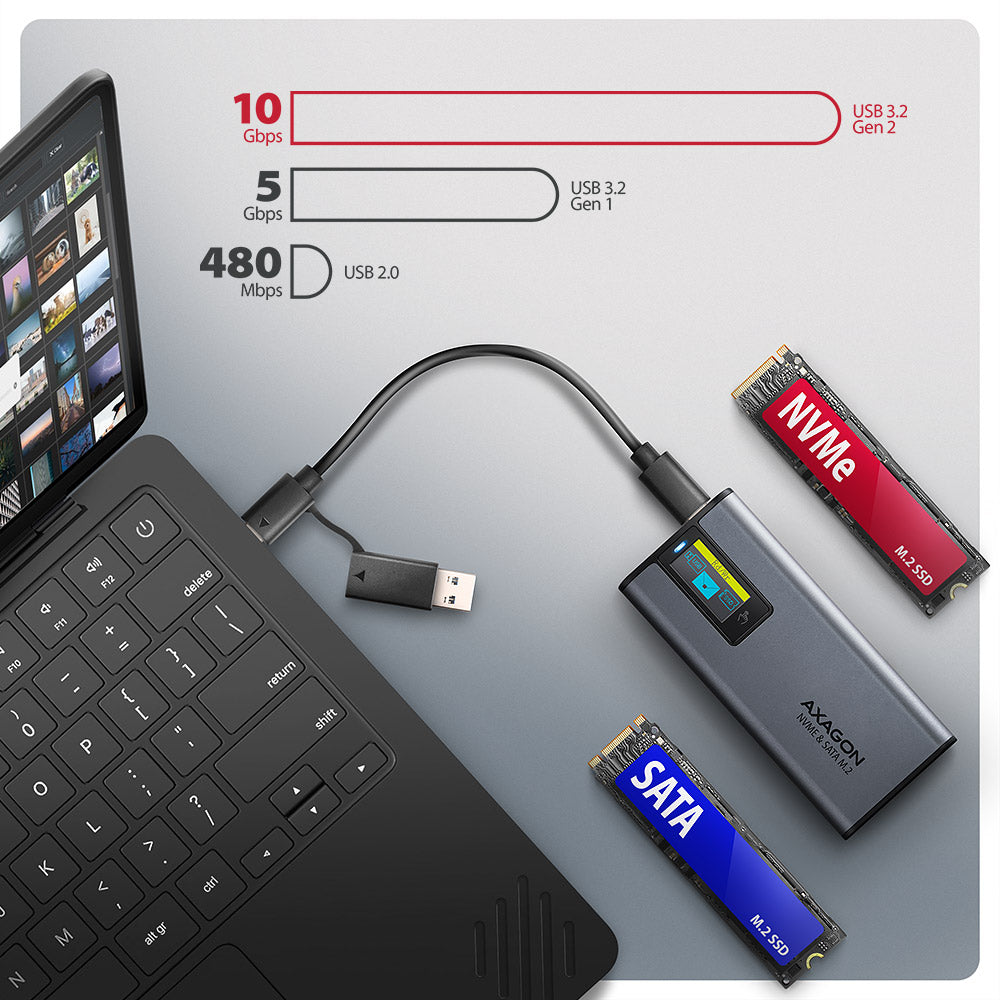 Boitier externe USB-C 3.2 Axagon EEM2-SD2 - S-ATA/NVMe M.2 Type 2280 (Noir)