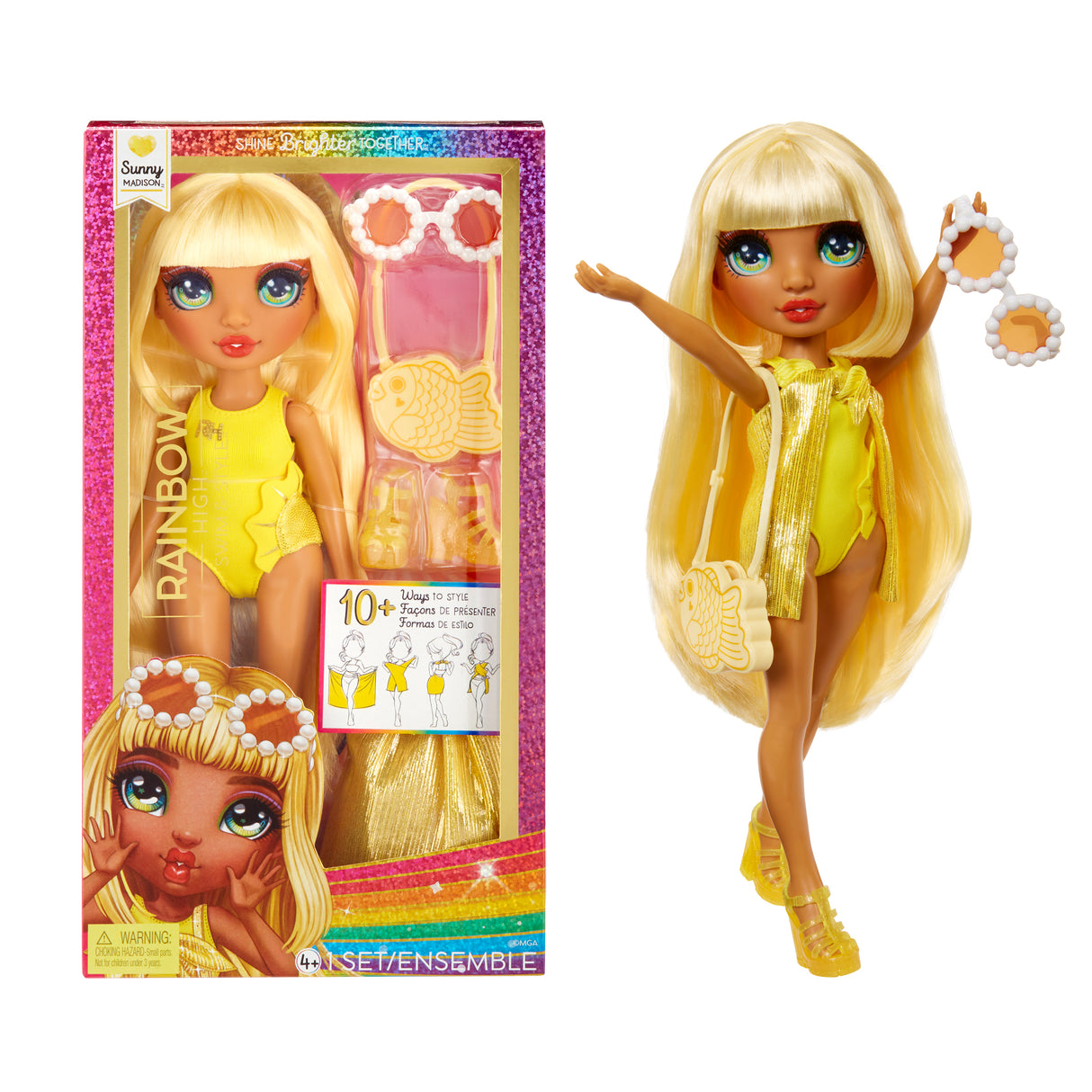 Rainbow High Swim & Style - Poupée mannequin ariculée 27 cm - Sunny (Jaune) - Maillot de bain + Paréo - a partir de 4 ans