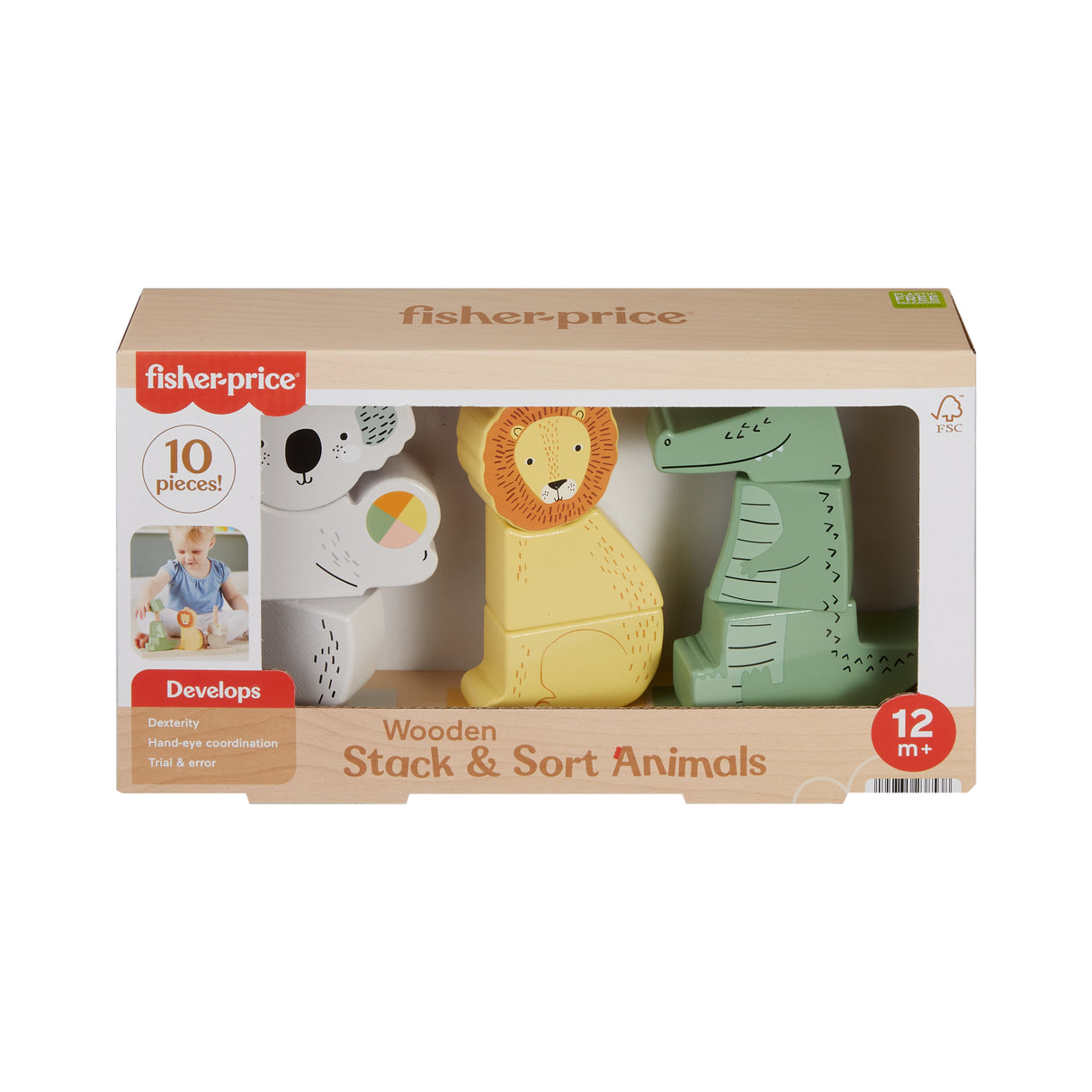 Fisher-Price-Animaux en Bois a Empiler et Trier, 10 pieces HXV04