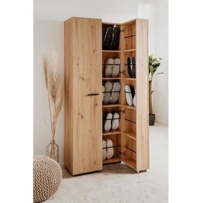 Meuble a chaussures LUGO - Décor chene artisan - L74 x P34 x H181,5 cm - Capacité 32 Paires