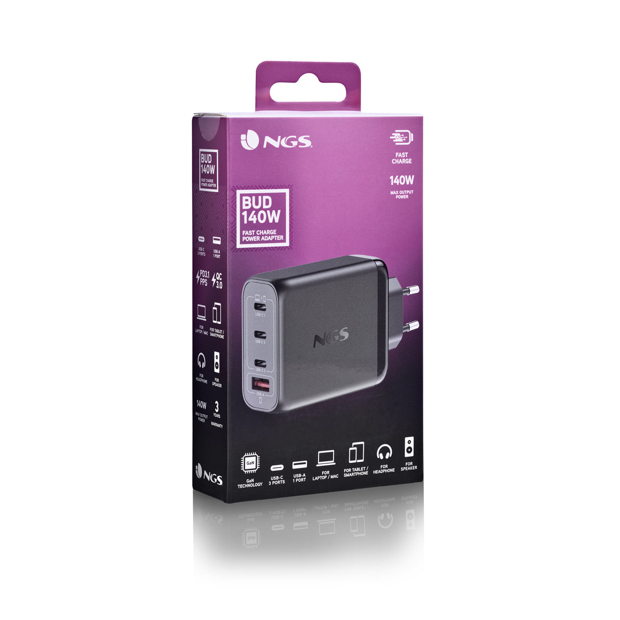 Chargeur secteur NGS Bud 3x USB-C + 1x USB-A 140W (Noir)
