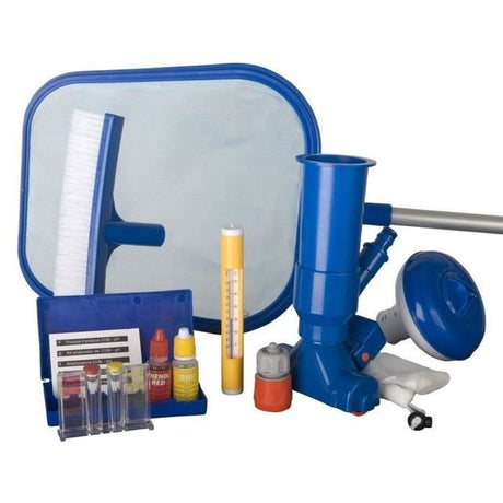 GRE - Kit de nettoyage piscine 7 pieces - trousse d'analyse, 1 brosse, 1 épuisette, 1 manche, 1 thermometre, 1 doseur et 1 Jet Vac