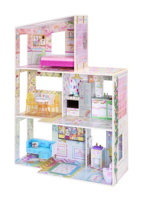 Rainbow High Color & Play House, Maison de poupée 3 étages, Colorie les murs et sols avec des marqueurs lavables, Maison en bois