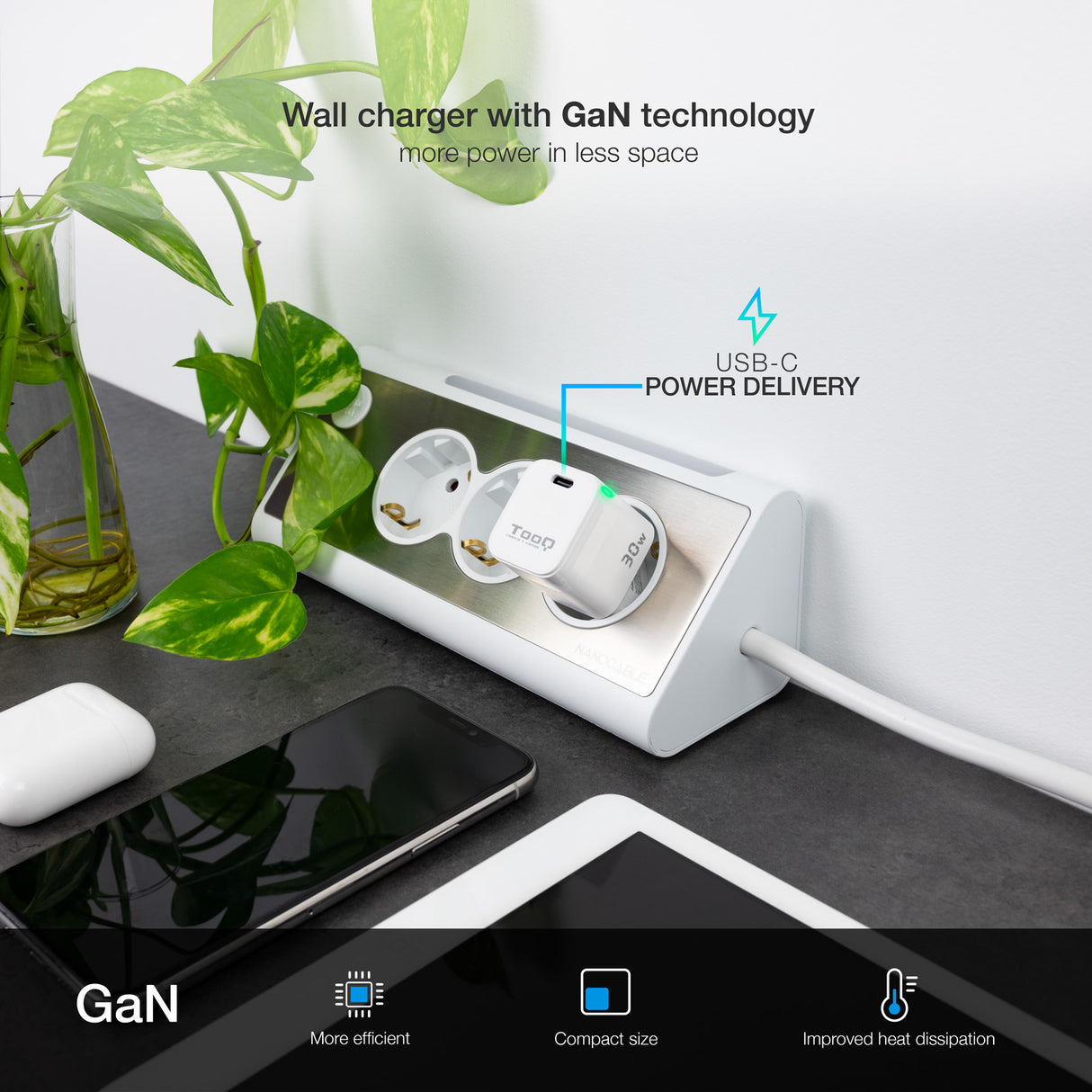 Chargeur secteur TooQ TQWC-GANPD30 1 port USB-C 30W (Blanc)