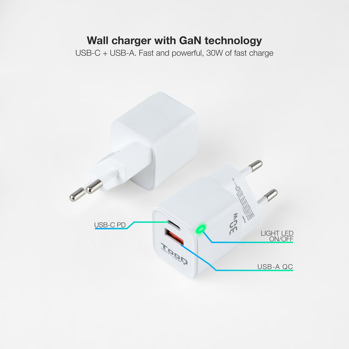 Chargeur Secteur Tooq TQWC-GANQCPD30WT  1x USB-A + 1x USB-C 30w (Blanc)