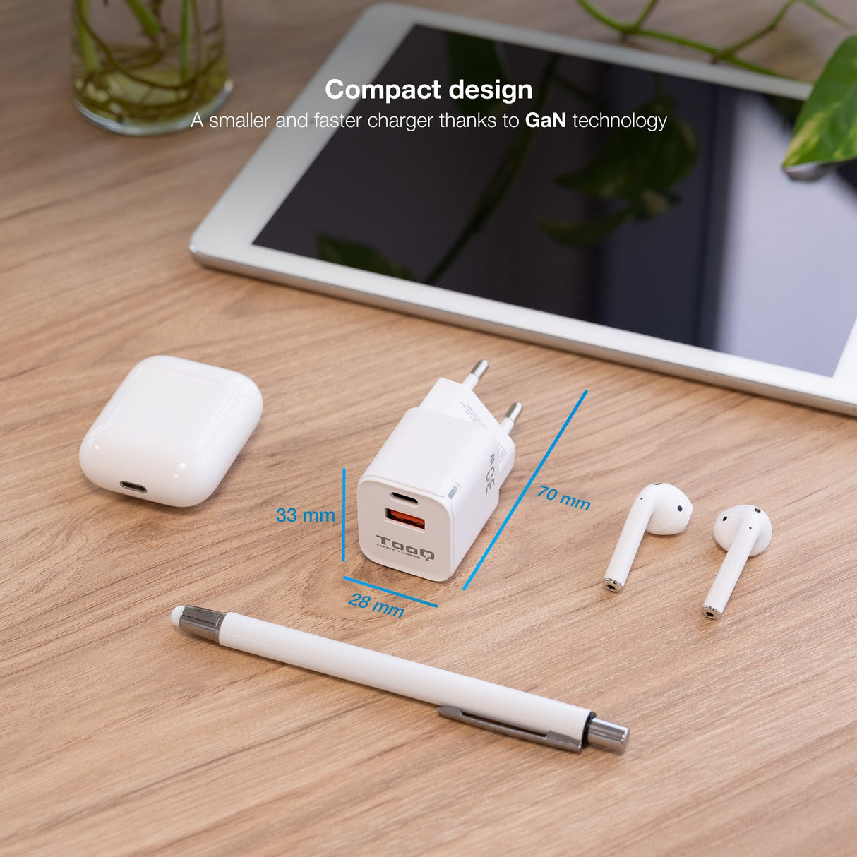 Chargeur Secteur Tooq TQWC-GANQCPD30WT  1x USB-A + 1x USB-C 30w (Blanc)