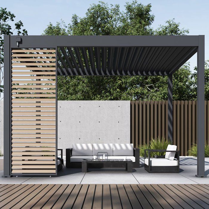 Panneau brise-vue - OMBREA - Ventelles horizontales - 1 m - Aluminium - Anthracite et ventelles finition bois