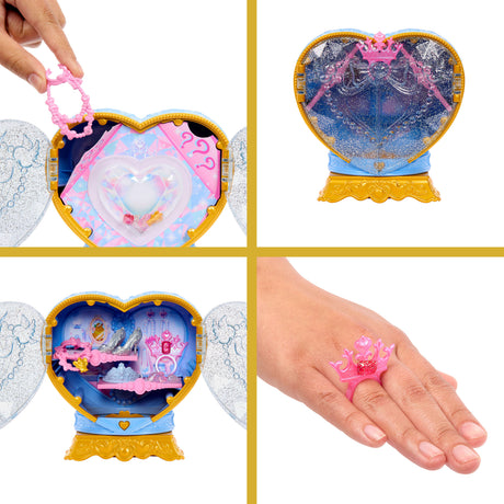 Poupée Jewel Reveal Cendrillon, Accessoires avec 8 surprises, 1 boîte a bijoux en forme de coeur, 1 bague pour enfant et 9 éléments,