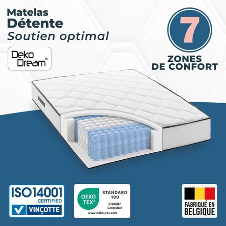 Ensemble matelas sommier 180 x 200 cm Hauteur 27 cm - ressorts ensachés - 7 zones - réversible - fabriqué en Belgique - DEKO DREAM