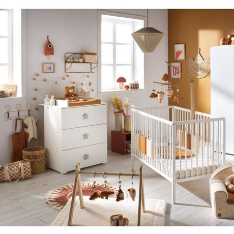 Commode a langer - Babyprice - Basic - 3 tiroirs - Blanche - Boutons étoiles grises