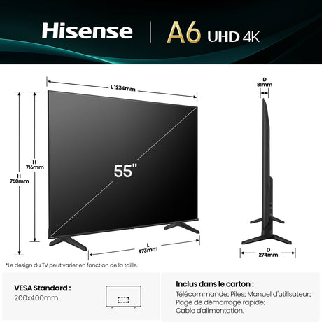 Hisense 58A6Q - TV LED 58" (146 cm) - 4K UHD 3840x2160 - HDR10+ - TV connecté - 4xHDMI 2.1 - WiFi