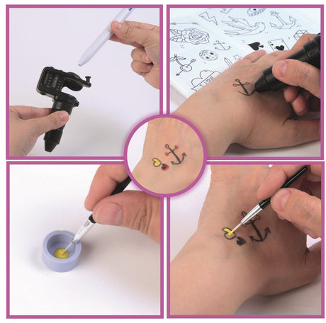 CLEMENTONI - Studio de tatouage temporaires pour enfant - Kit complet  - Pochoirs, peintures corps et transfert - Des 7 ans