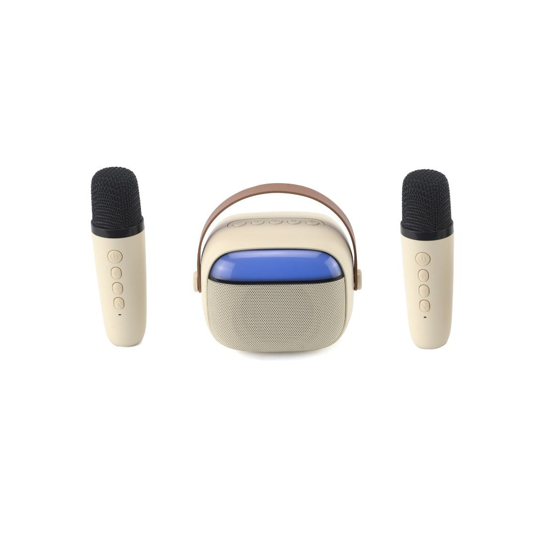 WE POP Mini enceinte karaoké à led + poignée, BT 5.4, rechargeable, 2 micros ave