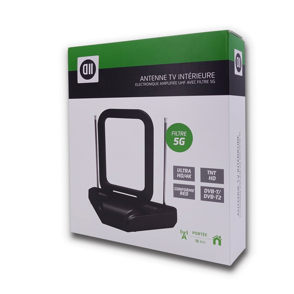 Antenne TV intérieure UHF - avec filtre 5G - compatible UHD/4K et DVB-T/DVB-T2 -