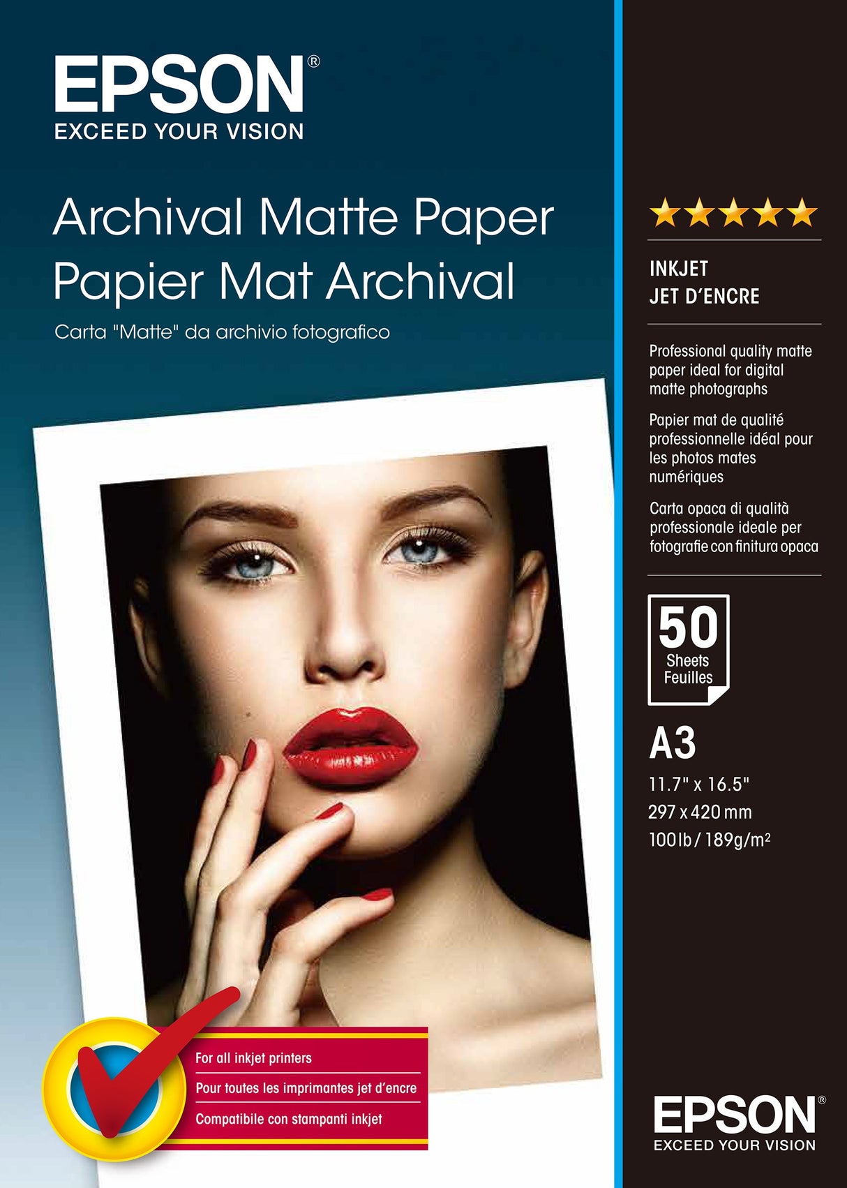 Papier Mat Epson Archival 192g/mïÂ¿Â½ - 50 feuilles A3 (29,7 x 42 cm)