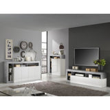 Buffet MAESTRO - Décor béton et blanc laqué brillant - 4 portes - L 184 x P 42 x H 93 cm