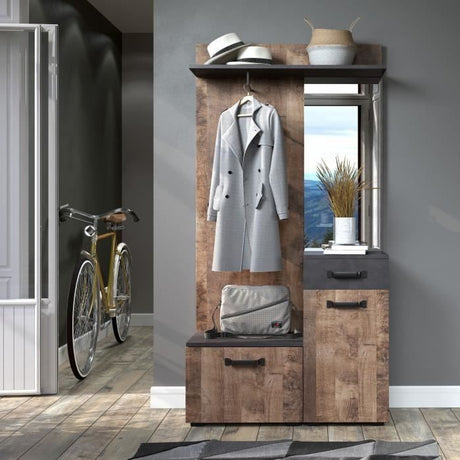 Vestiaire d'entrée avec miroir et rangements - SMILE - Décor chene tabac et gris mat - L 104 x P 32 x H 190 cm - Style industriel