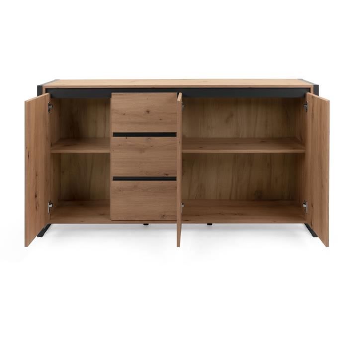 DENVER Buffet 3 portes 3 tiroirs - Décor chene artisan / Anthracite - L 160 x P 40 x H 88 cm