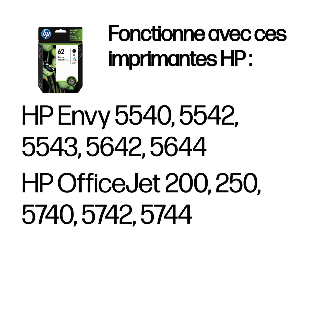 Pack 2 Cartouches d'encre HP 62 (Noir, 3 couleurs)