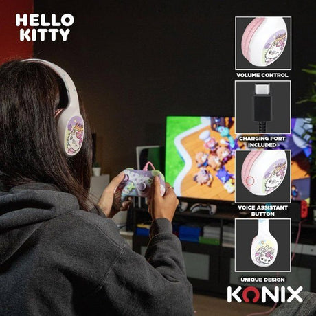 Casque audio - Sans fil - Konix - Hello Kitty - Bluetooth 5.3 PC, smartphones et tablettes - Autonomie 30 h - Blanc et rose
