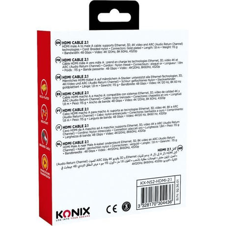 Câble HDMI 2.1 - KONIX - Nintendo Switch 2  - Compatibilité 4K et 8K - Nylon tressé - Longueur 1,8 m - Noir