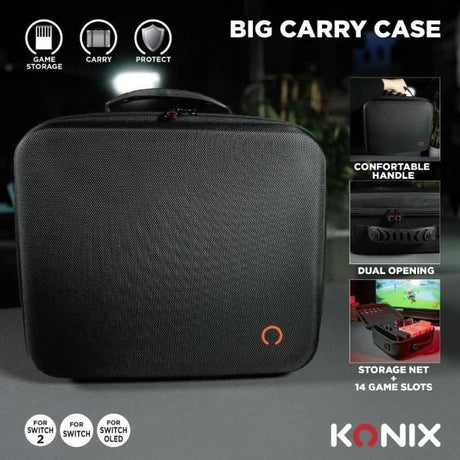 Sacoche de protection et transport - KONIX - Big Carry Case Nintendo Switch 2 - Rangement accessoires - 14 compartiments jeux - Noir