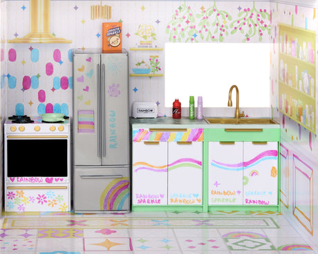 Rainbow High Color & Play House, Maison de poupée 3 étages, Colorie les murs et sols avec des marqueurs lavables, Maison en bois