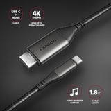 Câble Adaptateur Axagon USB-C vers HDMI 2.0a 1,8m MM (Noir)