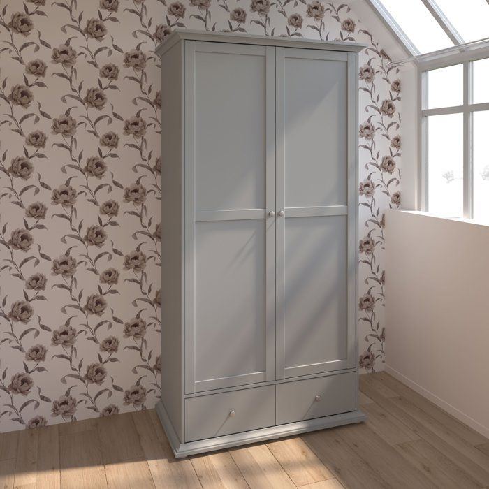 Armoire de chambre - MARGAUX - Gris galet- 2 portes  + 2 tiroirs - Style charme - L104 x P53 x H202 cm