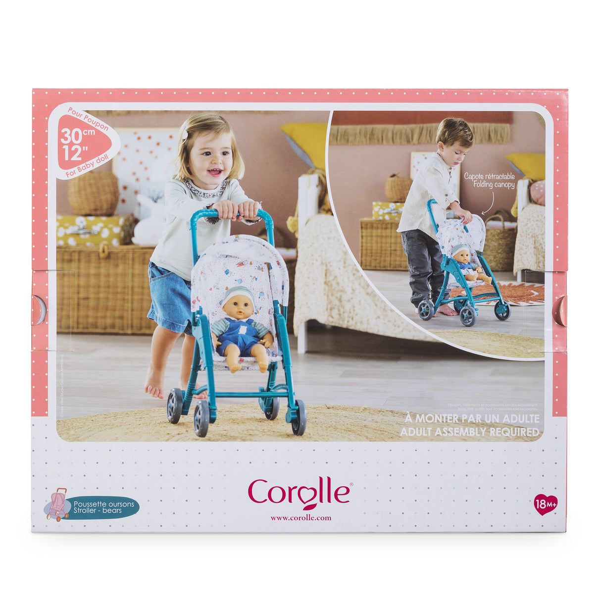 Poussette oursons - COROLLE - Accessoire Poupon 30cm - Bleu - Légere et facile d'utilisation