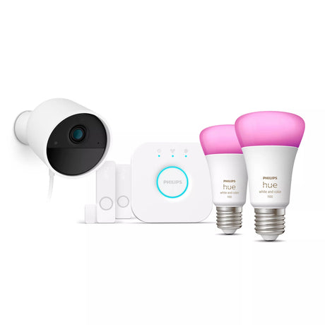 Kit de dťmarrage - Philips Hue - Secure - Inclus : 1 camťra filaire + 2 capteurs de contact + 2 ampoules connectťes + 1 pont