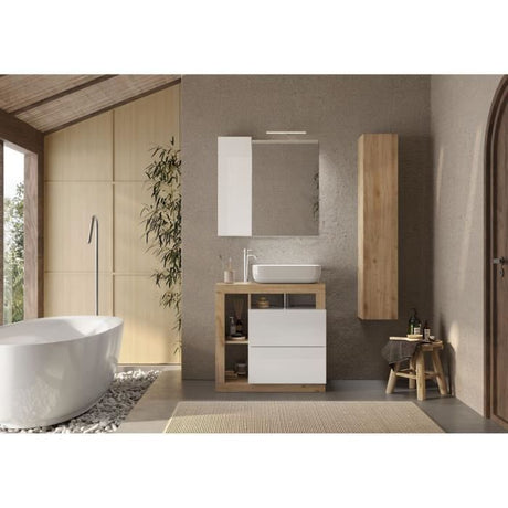 Ensemble meuble Salle de bain 78cm simple vasque + colonne - Coloris chene clair et laqué blanc - HAMBOURG