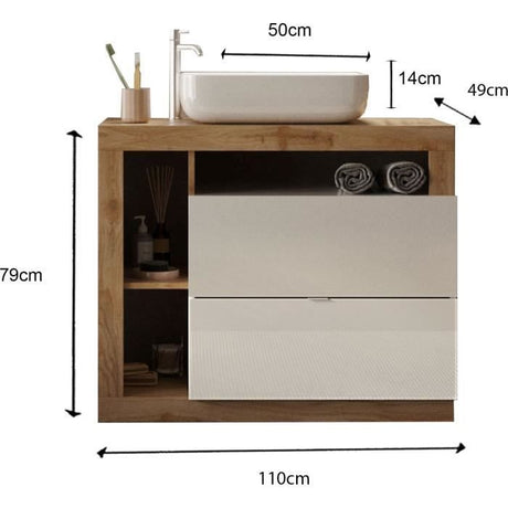 Ensemble meuble Salle de bain 110cm simple vasque + colonne - Coloris chene clair et laqué blanc - HAMBOURG