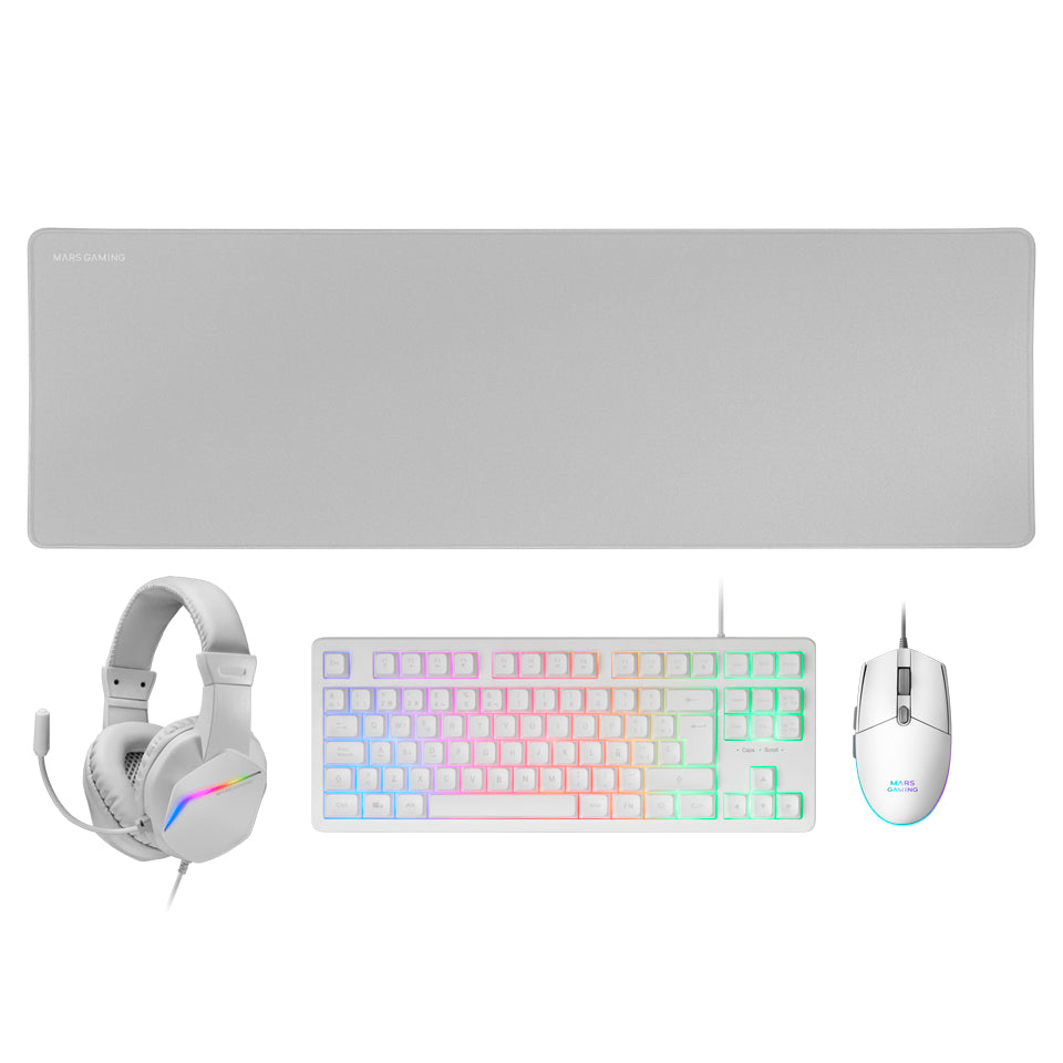 Pack Gamer 4en1 (Clavier/Souris/Casque/Tapis) Mars Gaming MCP-RGB3 (Blanc)
