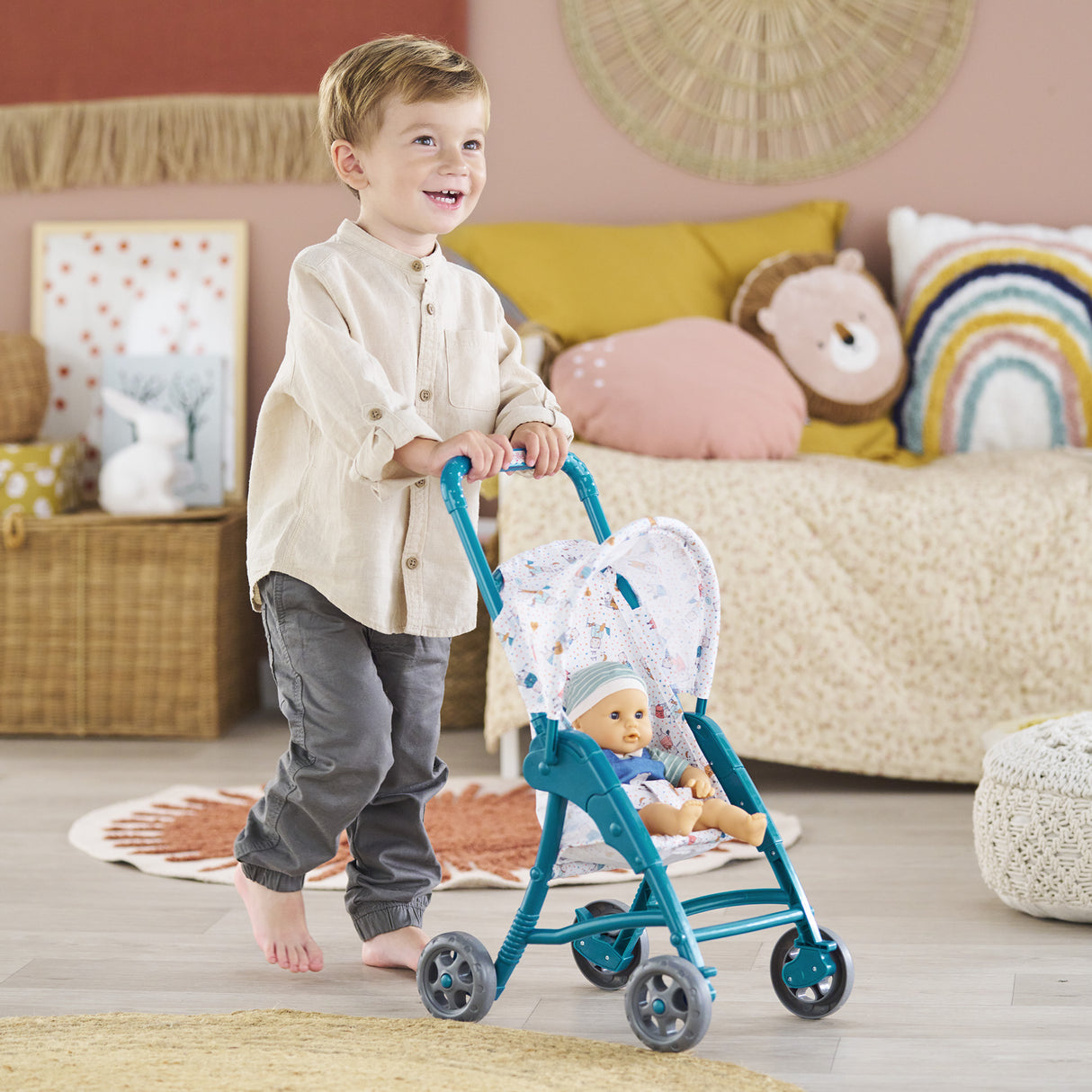 Poussette oursons - COROLLE - Accessoire Poupon 30cm - Bleu - Légere et facile d'utilisation