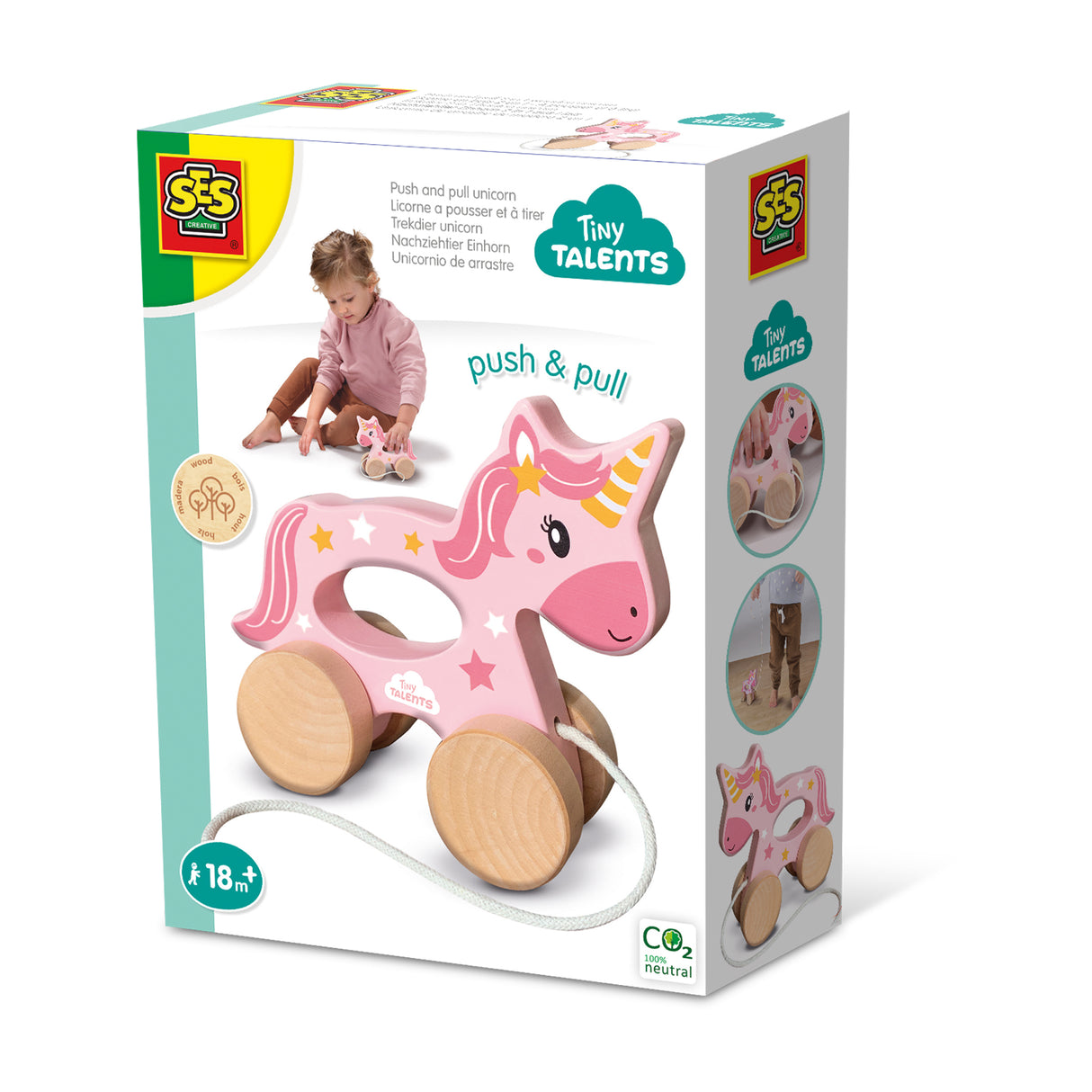 Licorne en bois 2 en 1 - A pousser et a tirer - SES CREATIVE - Licorne rose a pousser ou a tirer.
