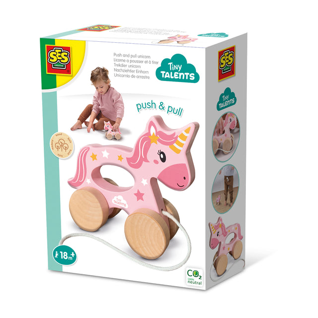 Licorne en bois 2 en 1 - A pousser et a tirer - SES CREATIVE - Licorne rose a pousser ou a tirer.