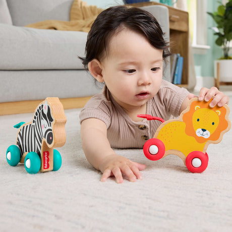 Fisher-Price Animaux a pousser en bois - Véhicule lion et zebre pour jeu a quatre pattes - 2  pieces en bois - des 6 mois - JFN19